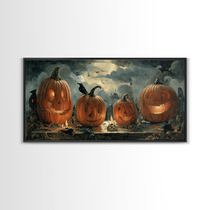 Pumpkins And Moon Phases, Northern Renaissance Horror, Wide Panoramic Art, Dark Halloween Decor, Framed Canvas Print