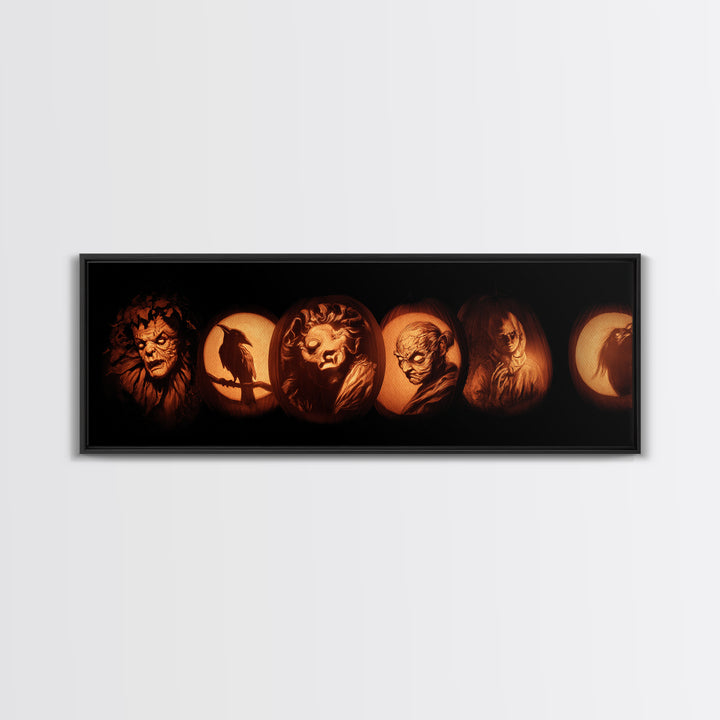 Pumpkins And Moon Phases, Gothic Nightmare Art, Extra Wide Wall Art, Macabre Wall Art, Canvas Print, Halloween Wall Art