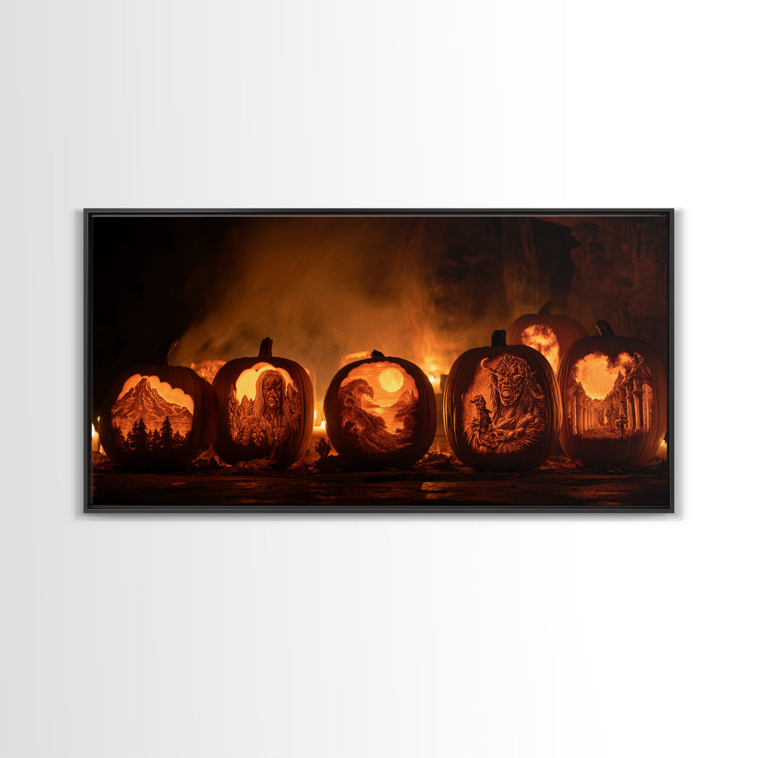Pumpkins And Moon Phases, Apocalyptic Romantic Art, Wide Panoramic Art, Gothic Horror Wall Art, Framed Canvas Print, Halloween Wall Art