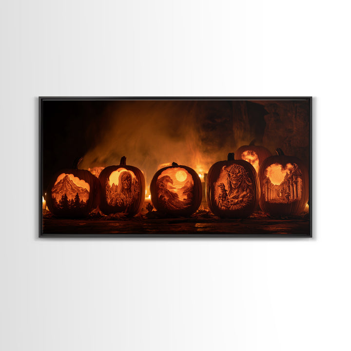 Pumpkins And Moon Phases, Apocalyptic Romantic Art, Wide Panoramic Art, Gothic Horror Wall Art, Framed Canvas Print, Halloween Wall Art