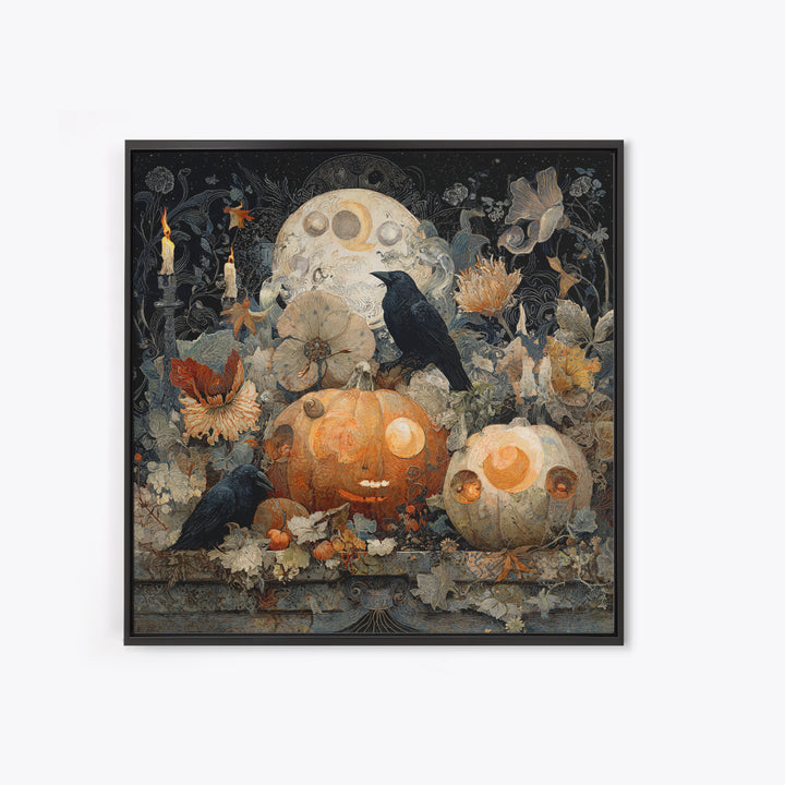 Pumpkins And Moon Phases, Symbolist Dream Art, Square Wall Art, Dark Halloween Decor, Framed Canvas Print, Halloween Wall Art