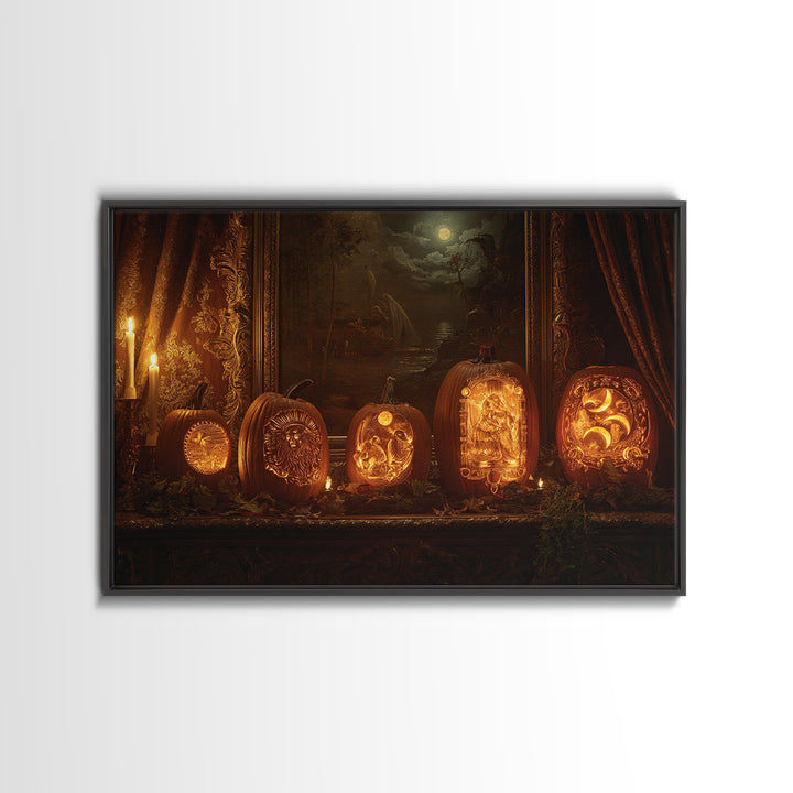 Pumpkins And Moon Phases, Ornate Symbolist Art, Landscape Wall Art, Gothic Horror Wall Art, Canvas Print, Halloween Wall Art