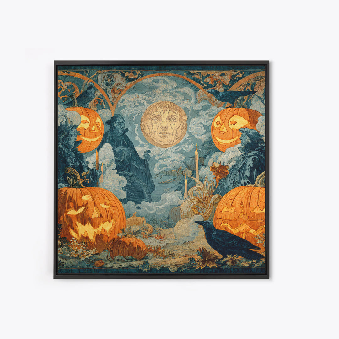 Pumpkins And Moon Phases, Symbolist Etching Art, Square Wall Art, Dark Fantasy Wall Art, Canvas Print, Halloween Wall Art