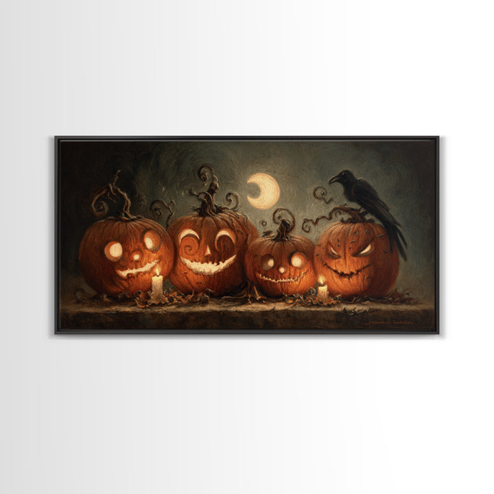 Pumpkins And Moon Phases, Expressionist Nightmare Art, Wide Panoramic Art, Dark Fantasy Wall Art, Framed Canvas Print, Halloween Wall Art