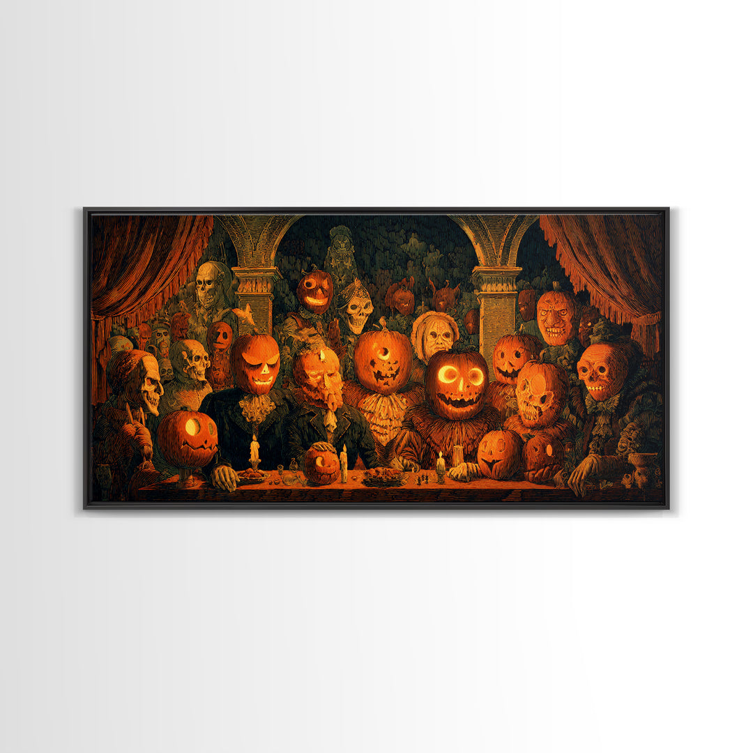 Pumpkins And Moon Phases, Grotesque Carnival Art, Wide Panoramic Art, Dark Fantasy Wall Art, Framed Canvas Print, Halloween Wall Art
