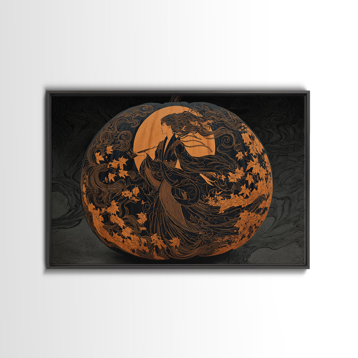 Pumpkins And Moon Phases, Decadent Line Art, Landscape Wall Art, Gothic Horror Wall Art, Canvas Print, Halloween Wall Art