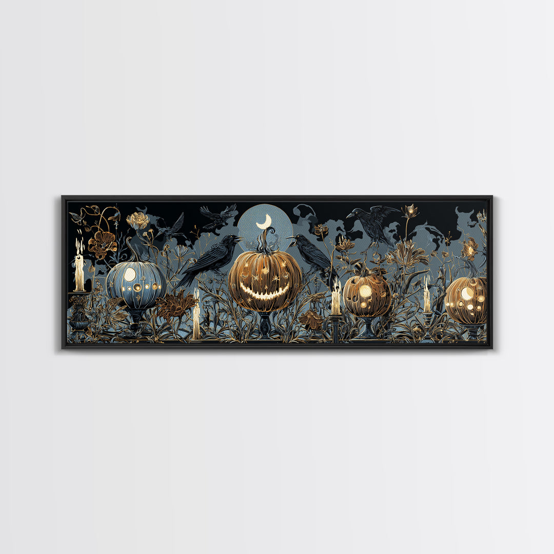 Pumpkins And Moon Phases, Stained Glass Gothic Art, Extra Wide Wall Art, Dark Fantasy Wall Art, Framed Canvas Print, Halloween Wall Art