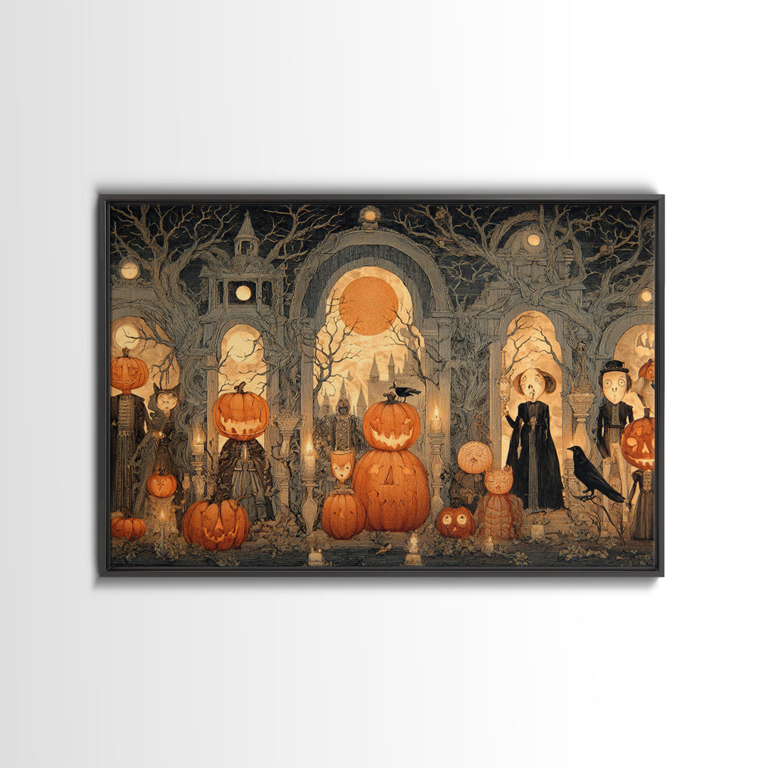 Pumpkins And Moon Phases, Victorian Macabre Art, Landscape Wall Art, Dark Halloween Decor, Framed Canvas Print, Halloween Wall Art