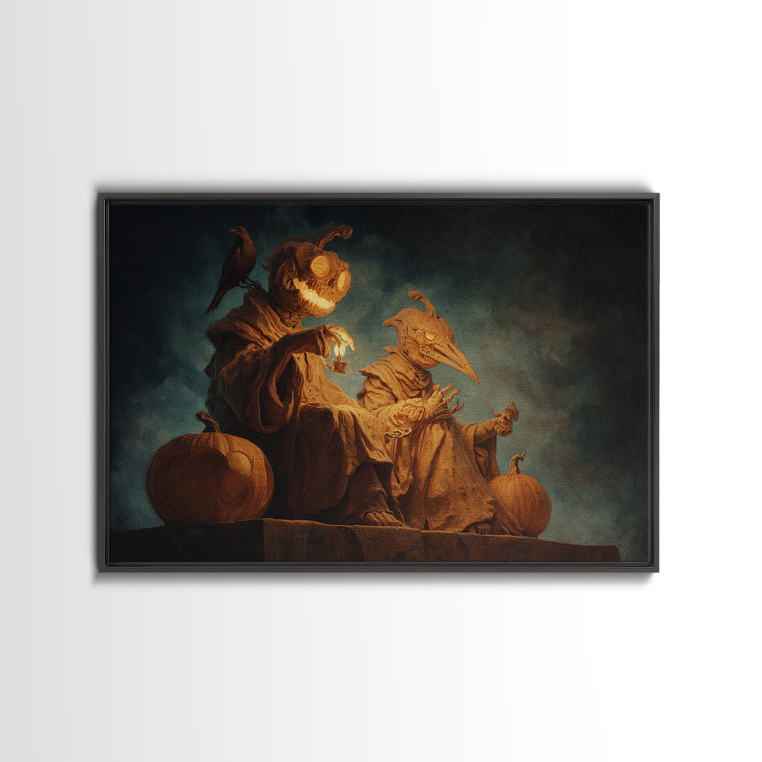 Pumpkins And Moon Phases, Surreal Apocalyptic Art, Landscape Wall Art, Macabre Wall Art, Framed Canvas Print, Halloween Wall Art