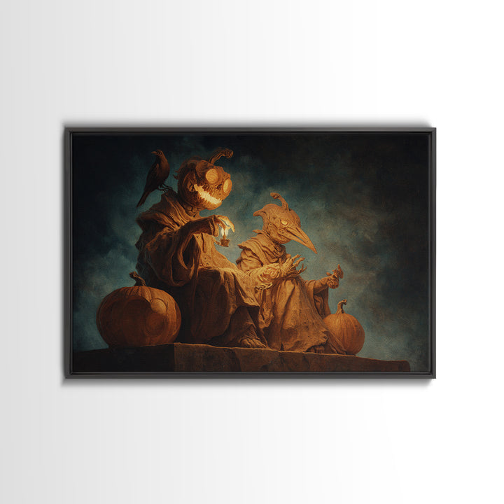 Pumpkins And Moon Phases, Surreal Apocalyptic Art, Landscape Wall Art, Macabre Wall Art, Framed Canvas Print, Halloween Wall Art