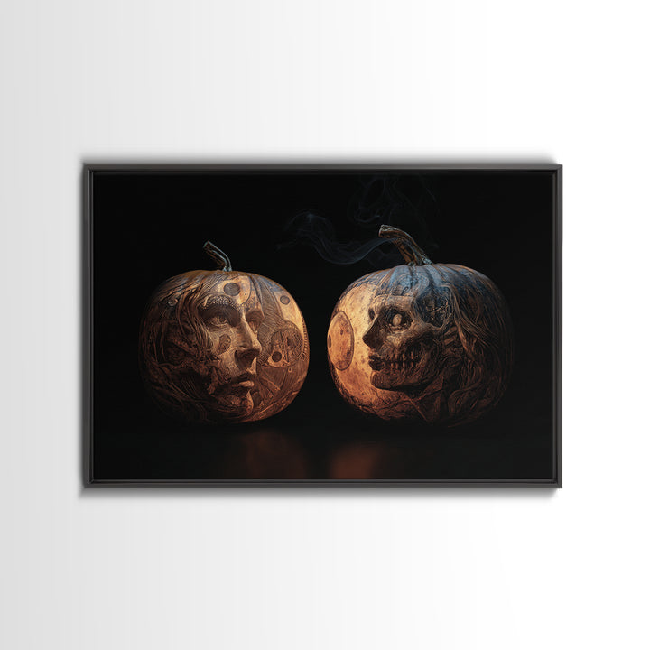 Pumpkins And Moon Phases, Biomechanical Horror Art, Landscape Wall Art, Gothic Horror Wall Art, Framed Canvas Print, Halloween Wall Art