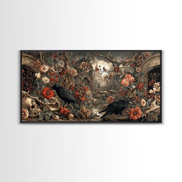 Skeletal Botanicals, Northern Renaissance Horror, Wide Panoramic Art, Dark Fantasy Wall Art, Framed Canvas Print, Macabre Wall Art