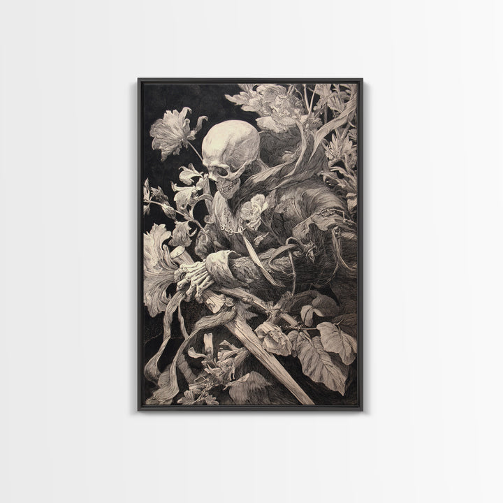 Skeletal Botanicals, Renaissance Engraving Art, Vertical Wall Art, Gothic Horror Wall Art, Canvas Print, Halloween Wall Art
