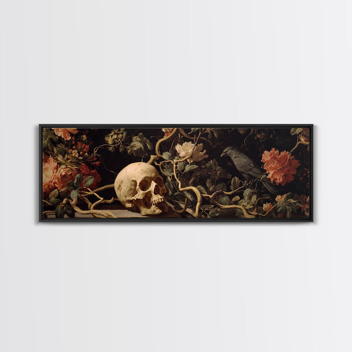 Skeletal Botanicals, Dark Romantic Horror Art, Extra Wide Wall Art, Macabre Wall Art, Framed Canvas Print, Halloween Wall Art
