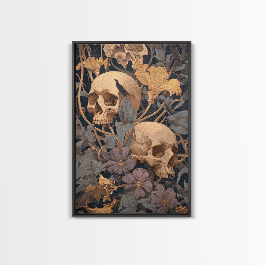 Skeletal Botanicals, Symbolist Death Art, Vertical Wall Art, Dark Fantasy Wall Art, Framed Canvas Print, Halloween Wall Art