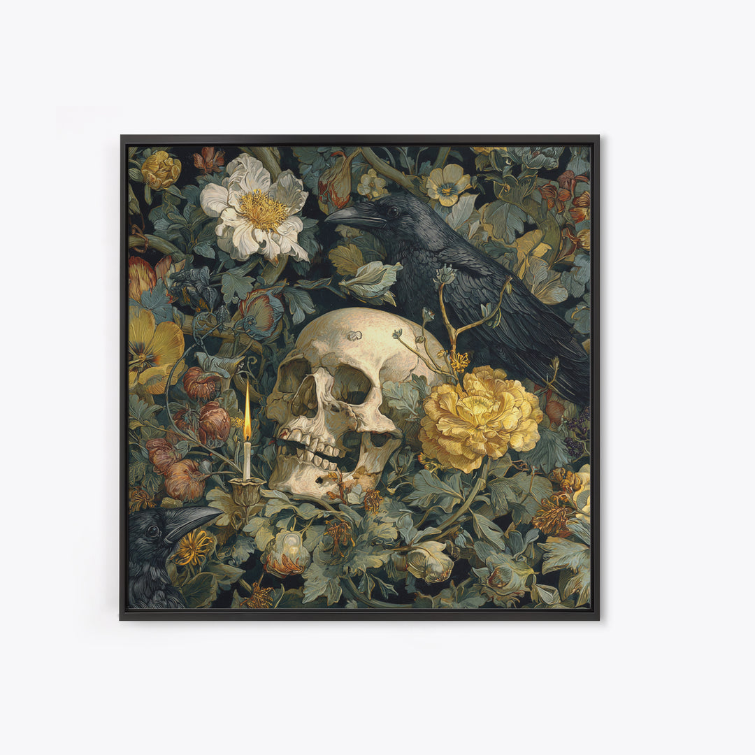 Skeletal Botanicals, Symbolist Etching Art, Square Wall Art, Macabre Wall Art, Framed Canvas Print, Halloween Wall Art, Halloween Decor