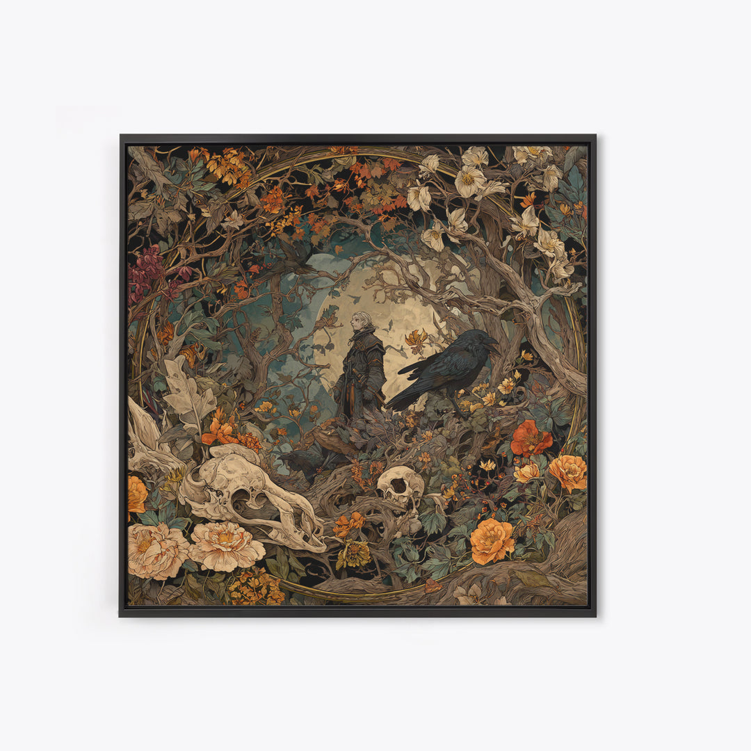 Skeletal Botanicals, Gothic Storybook Art, Square Wall Art, Macabre Wall Art, Framed Canvas Print, Halloween Wall Art