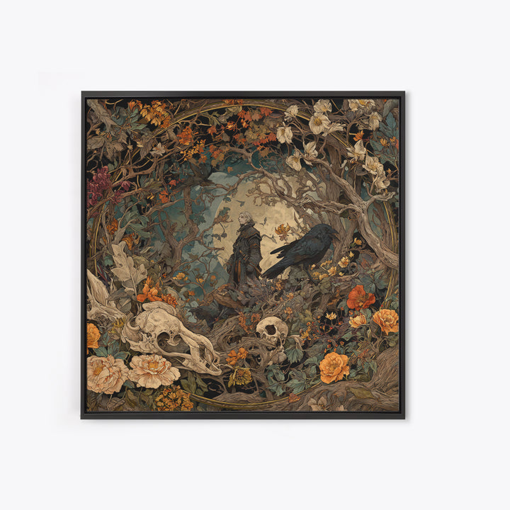 Skeletal Botanicals, Gothic Storybook Art, Square Wall Art, Macabre Wall Art, Framed Canvas Print, Halloween Wall Art