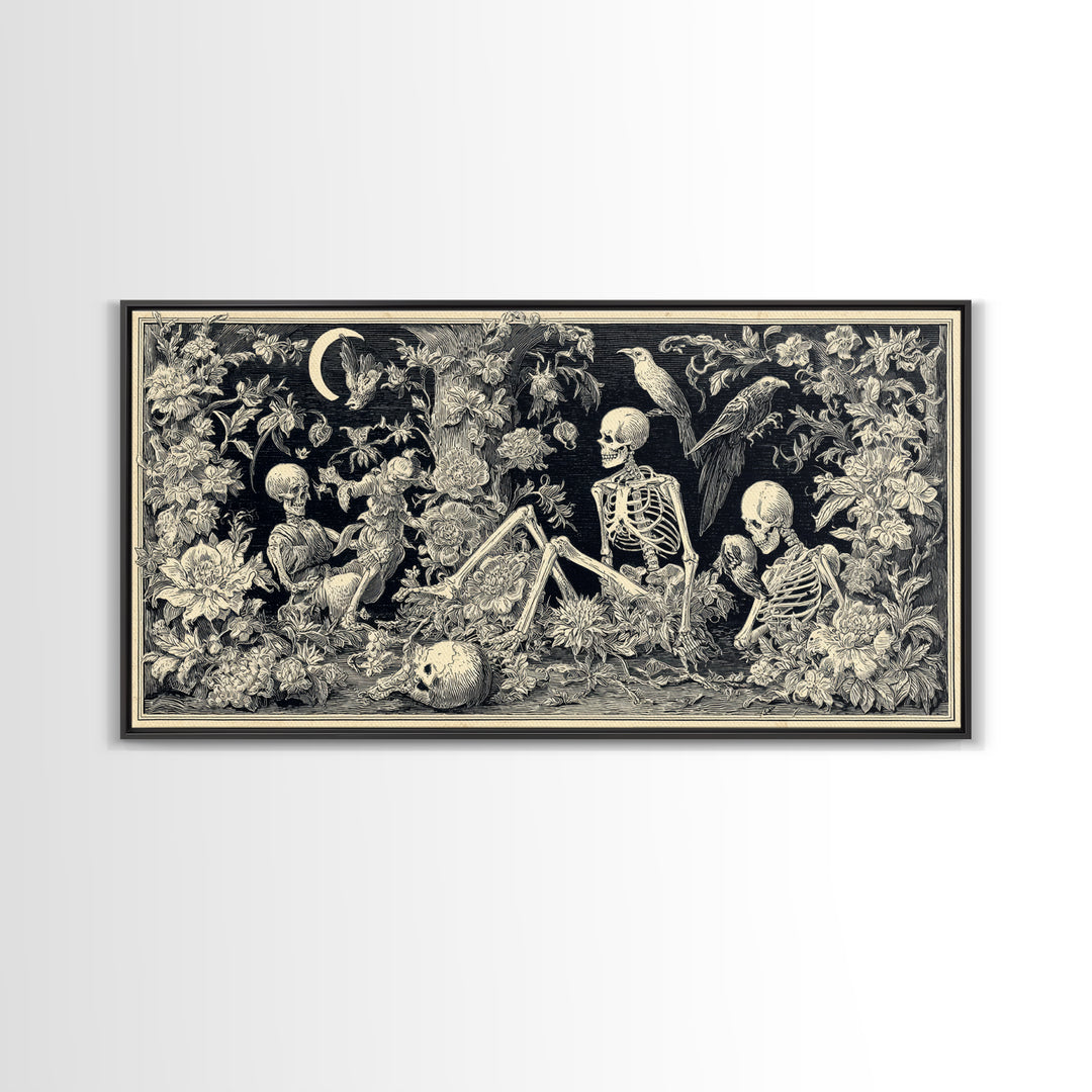 Skeletal Botanicals, Macabre Folk Print Art, Wide Panoramic Art, Gothic Horror Wall Art, Framed Canvas Print, Halloween Wall Art