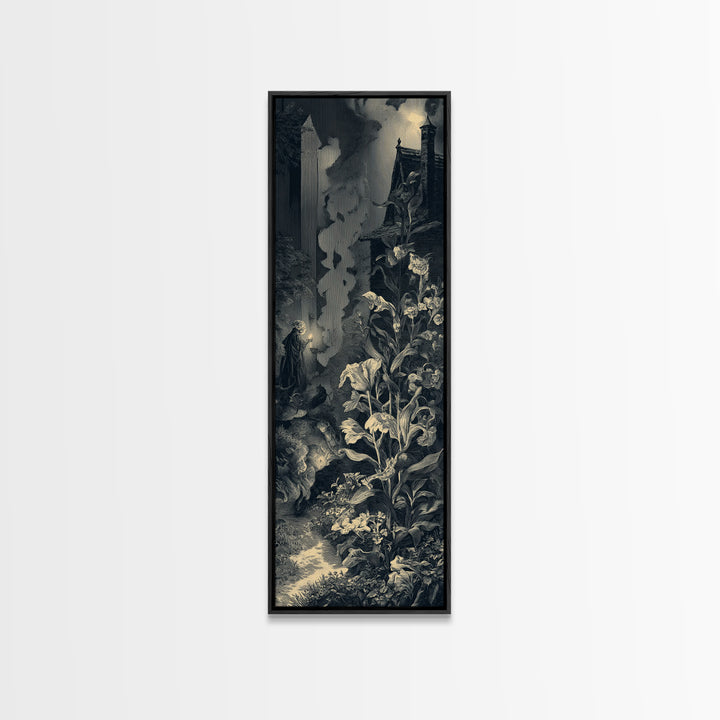 The Poison Garden, Gothic Engraving Art, Tall Narrow Wall Art, Dark Halloween Decor, Canvas Print, Halloween Wall Art