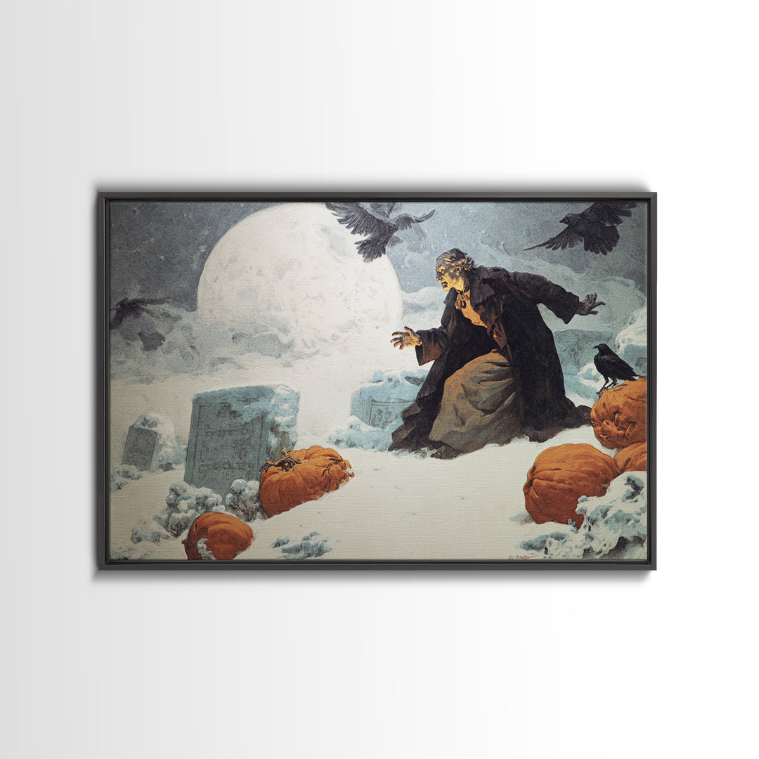 Frozen Halloween, Symbolist Etching Art, Landscape Wall Art, Dark Fantasy Wall Art, Framed Canvas Print, Halloween Wall Art