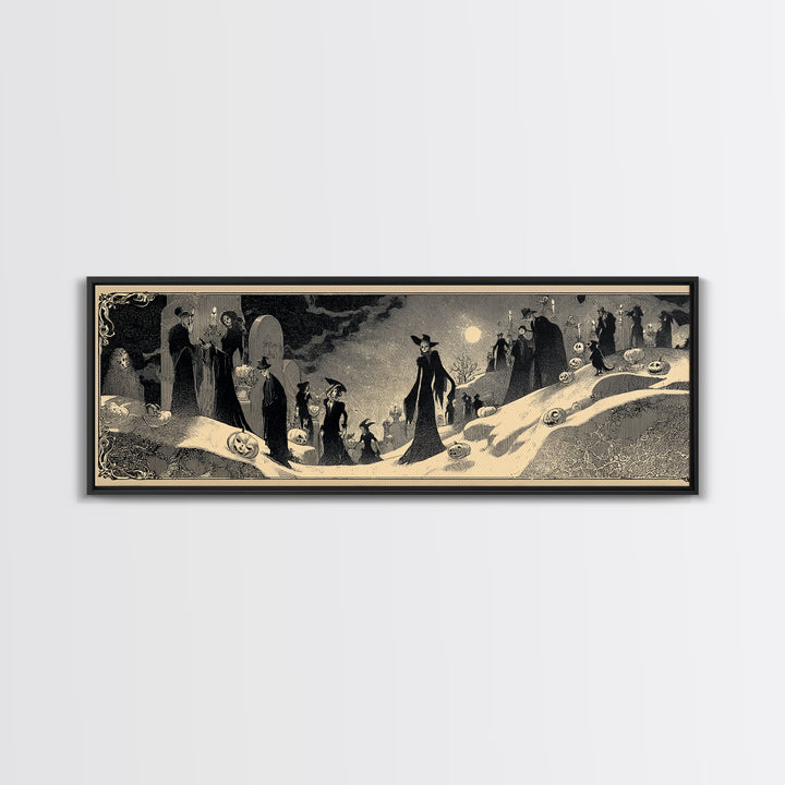 Frozen Halloween, Decadent Line Art, Extra Wide Wall Art, Gothic Horror Wall Art, Framed Canvas Print, Halloween Wall Art