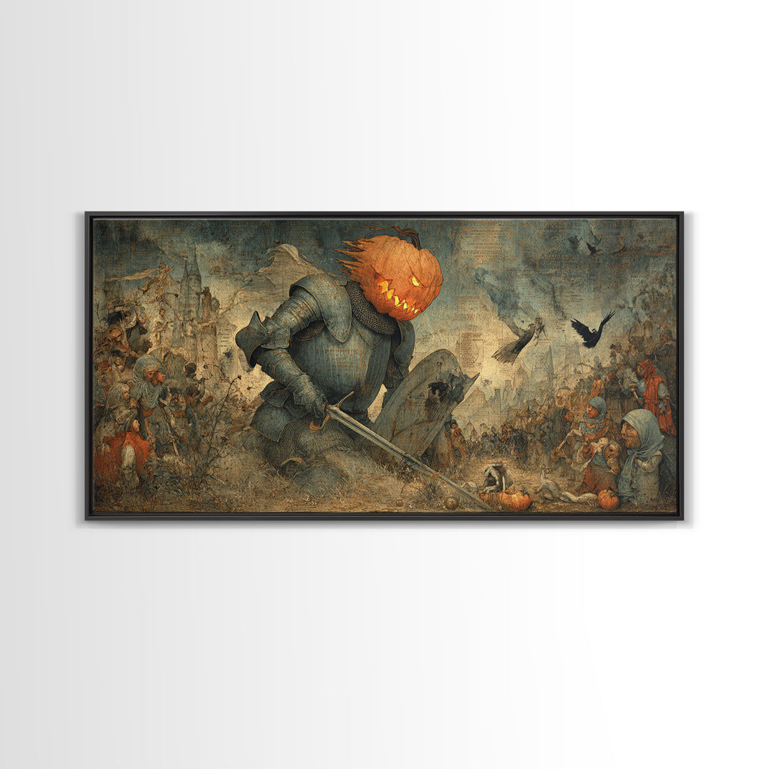 The Pumpkin Paladin, Northern Renaissance Horror, Wide Panoramic Art, Macabre Wall Art, Framed Canvas Print, Halloween Wall Art