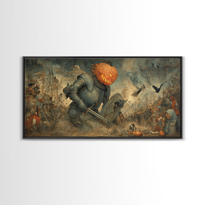 The Pumpkin Paladin, Northern Renaissance Horror, Wide Panoramic Art, Macabre Wall Art, Framed Canvas Print, Halloween Wall Art