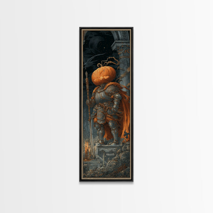 The Pumpkin Paladin, Architectural Etching Art, Tall Narrow Wall Art, Macabre Wall Art, Framed Canvas Print, Halloween Decor