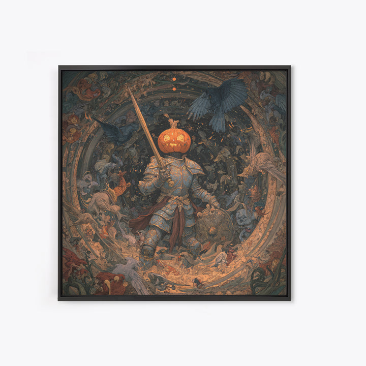 The Pumpkin Paladin, Ornate Symbolist Art, Square Wall Art, Dark Fantasy Wall Art, Canvas Print, Halloween Wall Art, Horror Wall Art