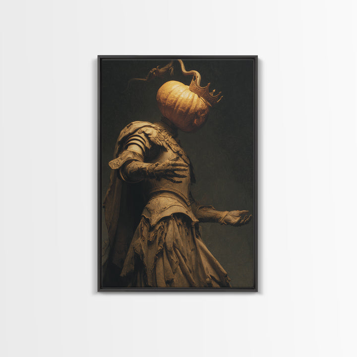 The Pumpkin Paladin, Dark Symbolist Art, Vertical Wall Art, Dark Fantasy Wall Art, Framed Canvas Print, Halloween Wall Art