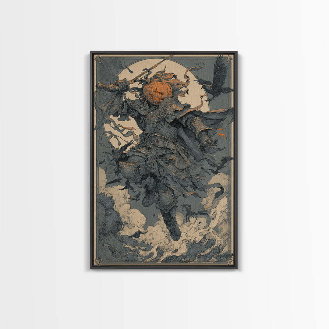The Pumpkin Paladin, Symbolist Etching Art, Vertical Wall Art, Macabre Wall Art, Canvas Print, Halloween Wall Art, Seasonal Home Decor