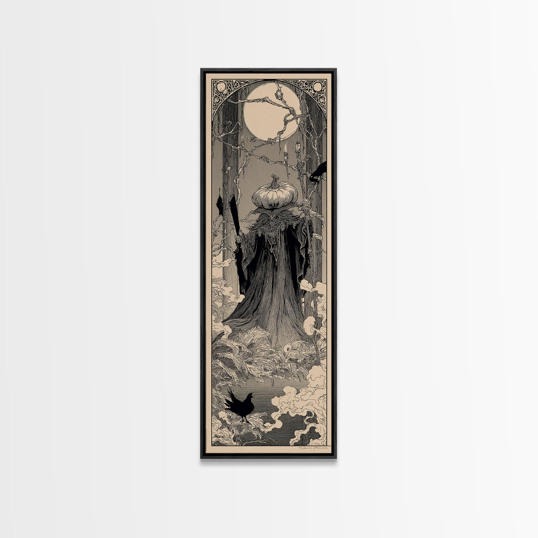 The Pumpkin Paladin, Decadent Line Art, Tall Narrow Wall Art, Gothic Horror Wall Art, Framed Canvas Print, Halloween Wall Art