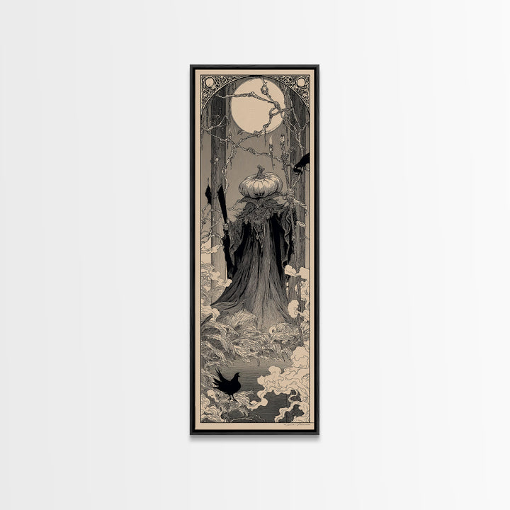 The Pumpkin Paladin, Decadent Line Art, Tall Narrow Wall Art, Gothic Horror Wall Art, Framed Canvas Print, Halloween Wall Art