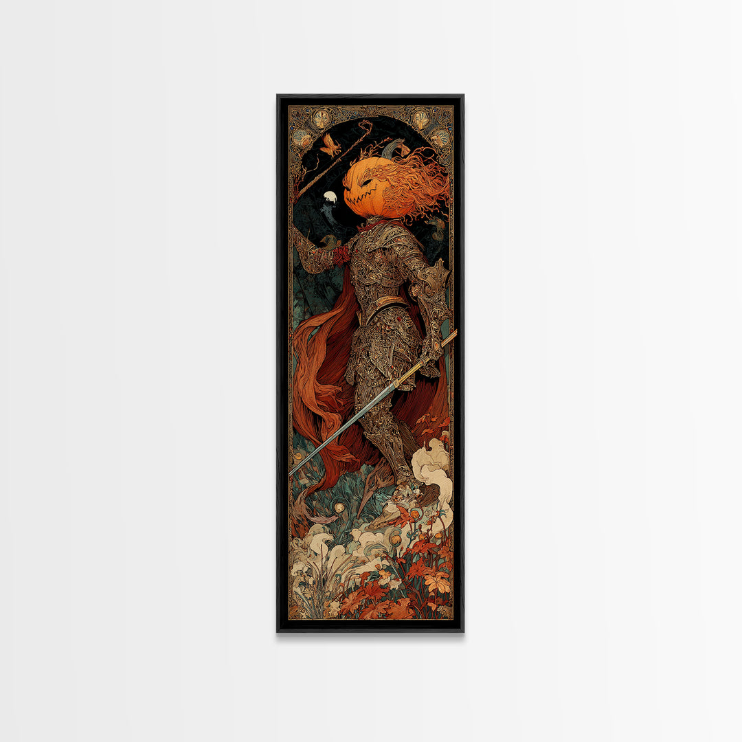 The Pumpkin Paladin, Stained Glass Gothic Art, Tall Narrow Wall Art, Dark Fantasy Wall Art, Canvas Print, Halloween Wall Art