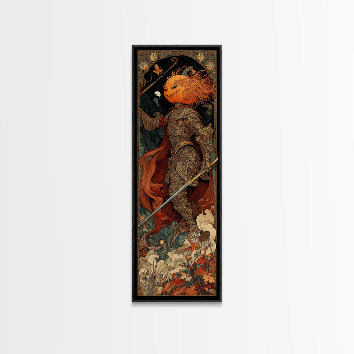 The Pumpkin Paladin, Stained Glass Gothic Art, Tall Narrow Wall Art, Dark Fantasy Wall Art, Canvas Print, Halloween Wall Art
