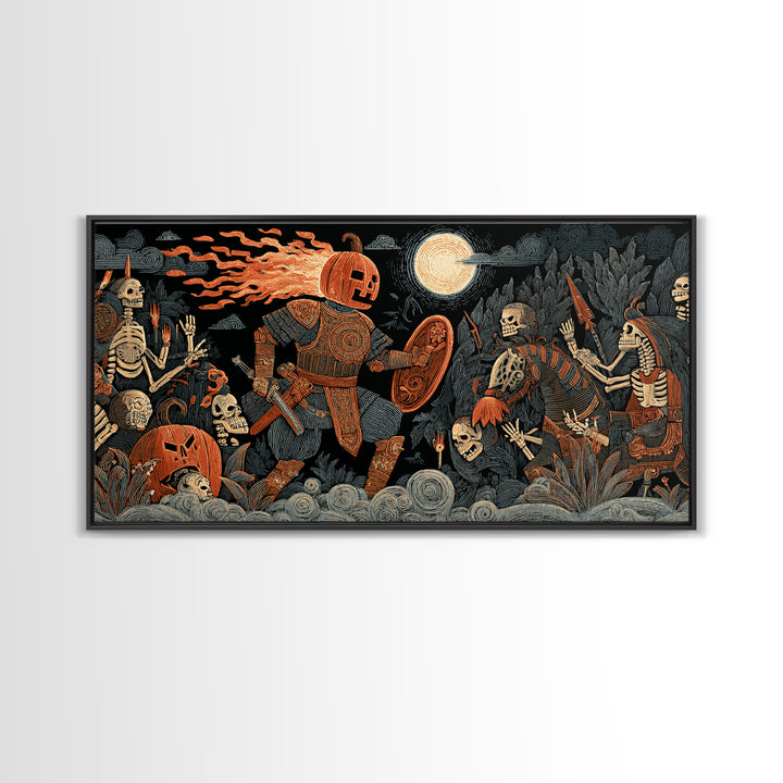 The Pumpkin Paladin, Macabre Folk Print Art, Wide Panoramic Art, Macabre Wall Art, Framed Canvas Print, Halloween Wall Art