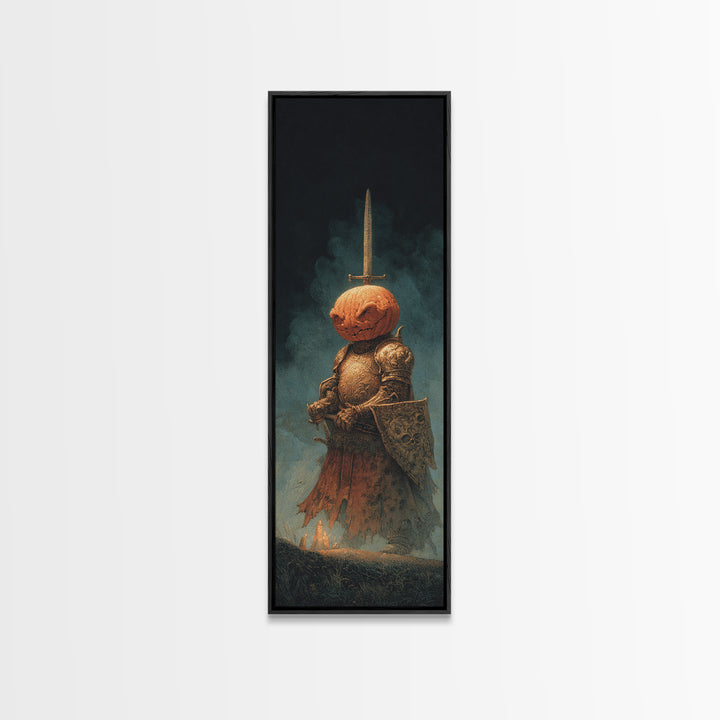 The Pumpkin Paladin, Surreal Apocalyptic Art, Tall Narrow Wall Art, Dark Fantasy Wall Art, Framed Canvas Print, Halloween Wall Art