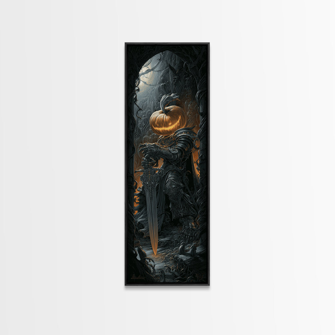 The Pumpkin Paladin, Biomechanical Horror Art, Tall Narrow Wall Art, Dark Fantasy Wall Art, Canvas Print, Halloween Wall Art