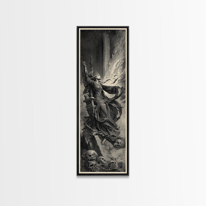The Necromancer Queen, Gothic Engraving Art, Tall Narrow Wall Art, Dark Halloween Decor, Canvas Print, Halloween Wall Art