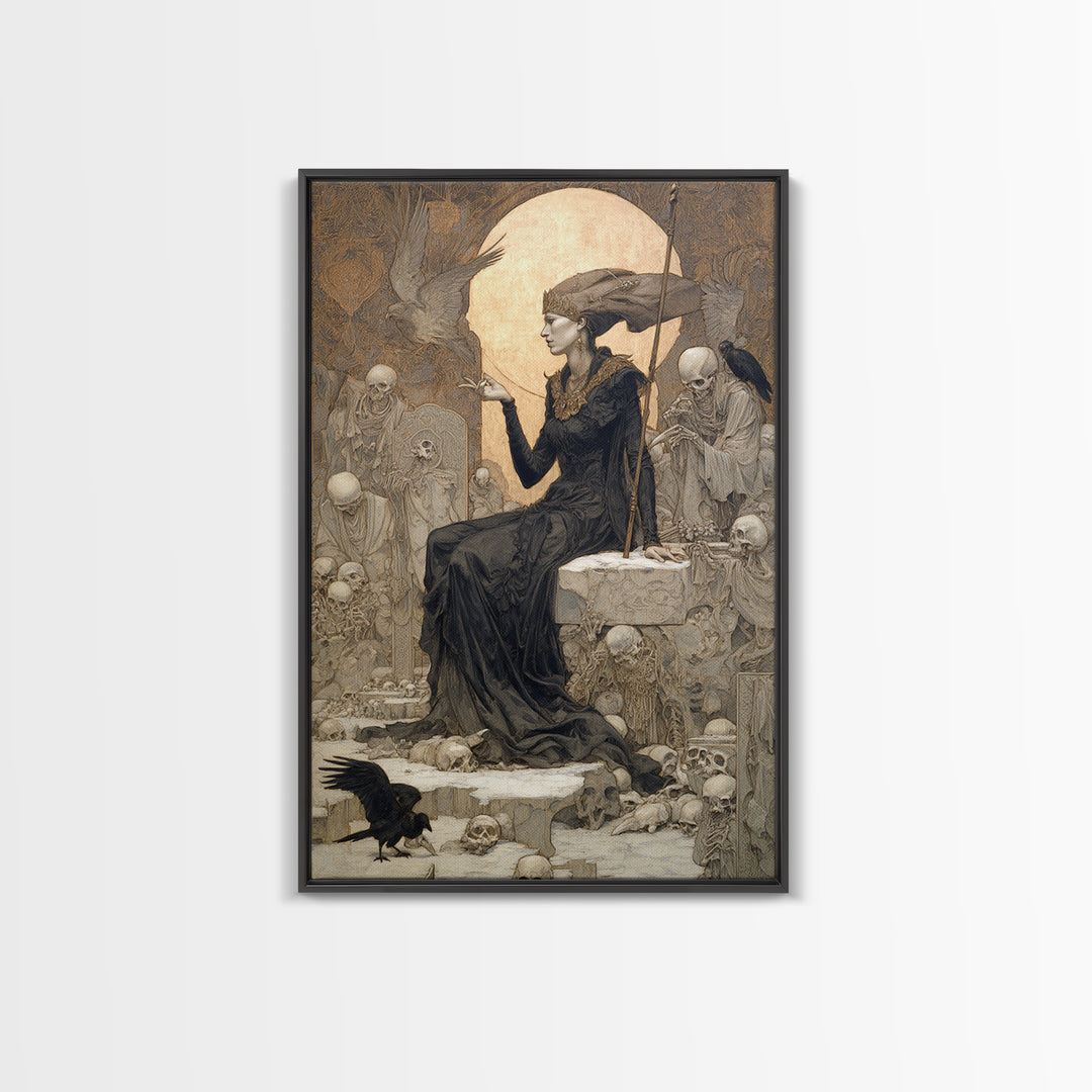 The Necromancer Queen, Symbolist Death Art, Vertical Wall Art, Dark Halloween Decor, Framed Canvas Print, Halloween Wall Art