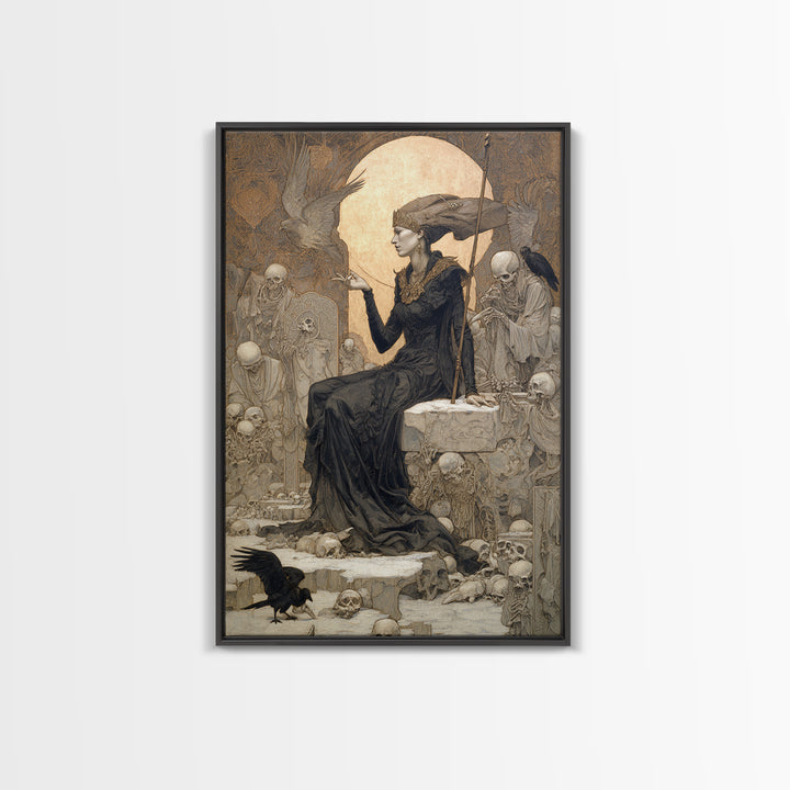 The Necromancer Queen, Symbolist Death Art, Vertical Wall Art, Dark Halloween Decor, Framed Canvas Print, Halloween Wall Art