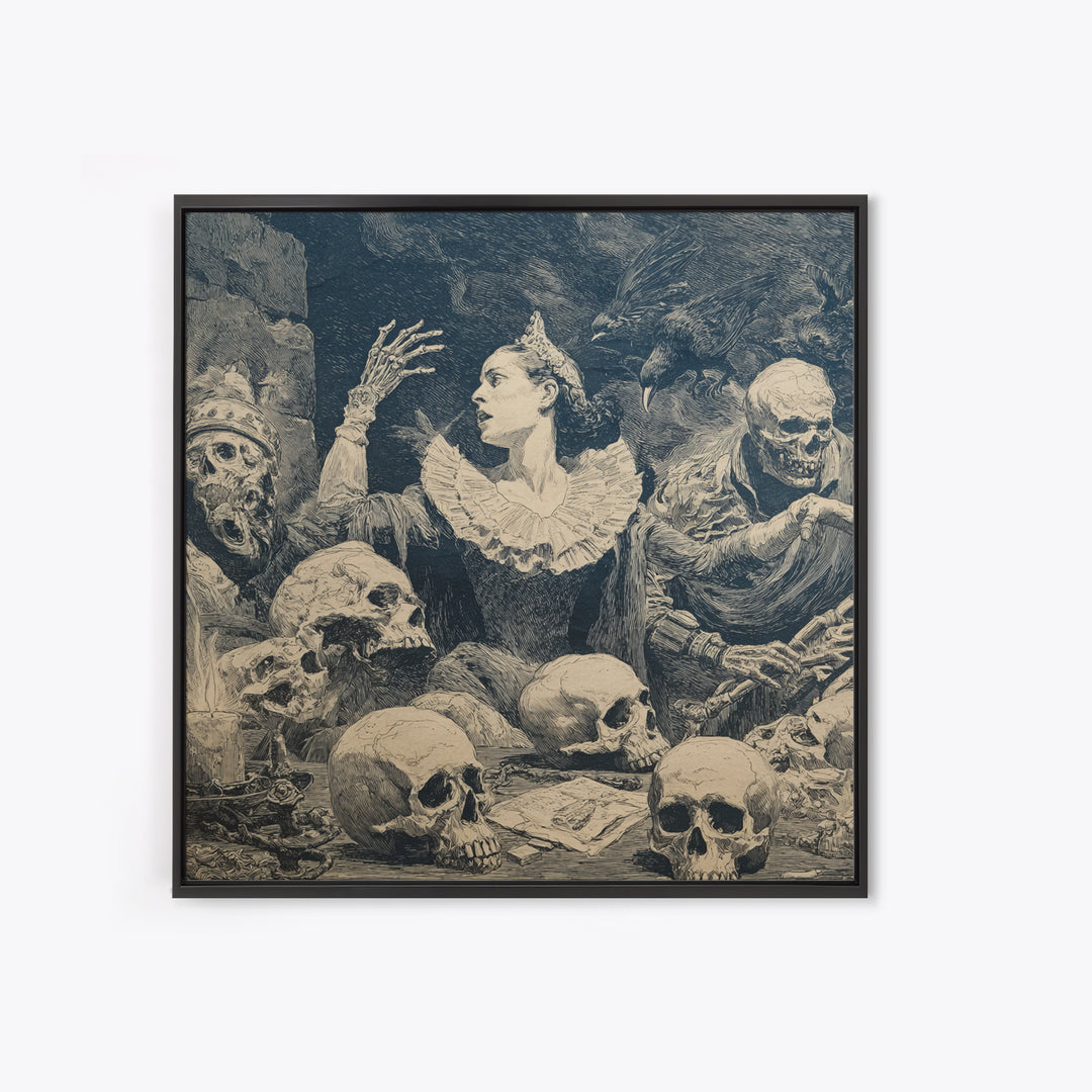 The Necromancer Queen, Symbolist Etching Art, Square Wall Art, Dark Halloween Decor, Canvas Print, Halloween Wall Art, Statement Wall Art