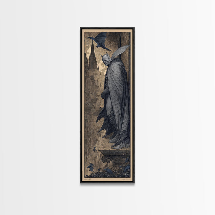 The Bat Prince, Gothic Engraving Art, Tall Narrow Wall Art, Dark Fantasy Wall Art, Framed Canvas Print, Halloween Wall Art