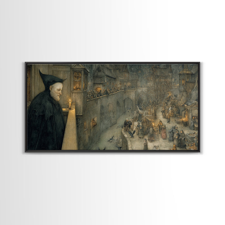 The Bat Prince, Northern Renaissance Horror, Wide Panoramic Art, Gothic Horror Wall Art, Canvas Print, Halloween Wall Art
