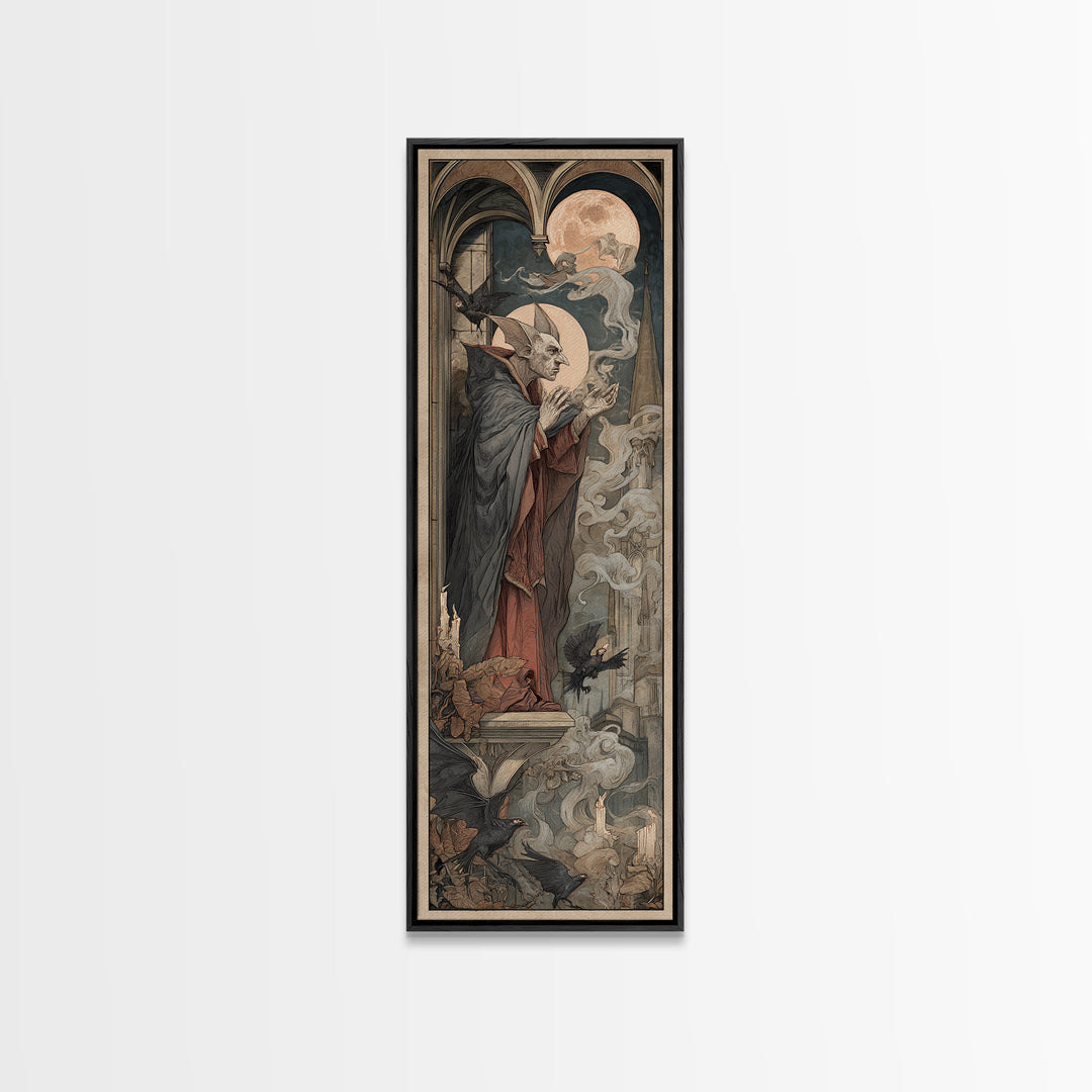 The Bat Prince, Dark Renaissance Art, Tall Narrow Wall Art, Dark Halloween Decor, Framed Canvas Print, Halloween Wall Art