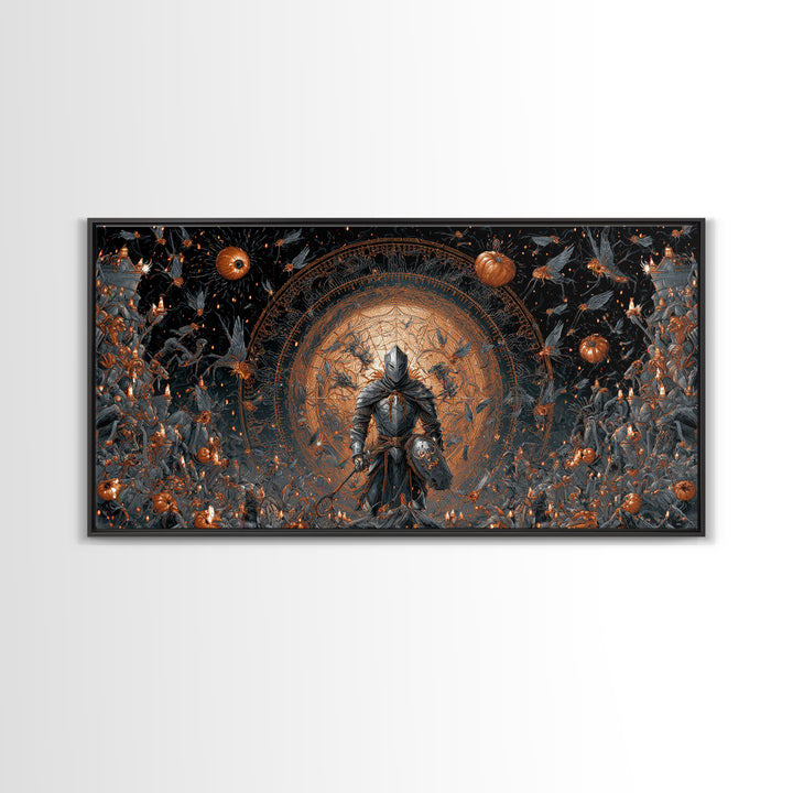 The Spider Knight, Apocalyptic Romantic Art, Wide Panoramic Art, Gothic Horror Wall Art, Canvas Print, Halloween Wall Art, Halloween Decor