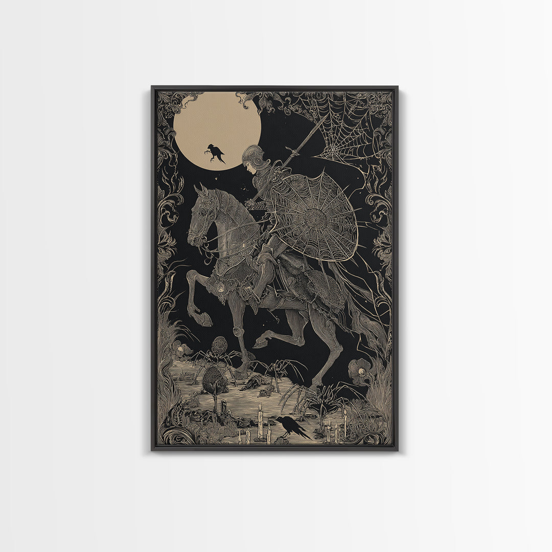 The Spider Knight, Decadent Line Art, Vertical Wall Art, Macabre Wall Art, Framed Canvas Print, Halloween Wall Art
