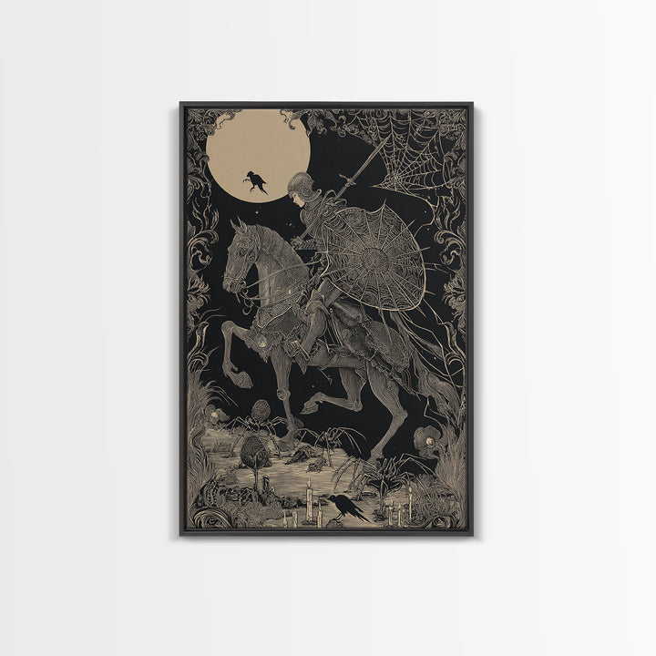 The Spider Knight, Decadent Line Art, Vertical Wall Art, Macabre Wall Art, Framed Canvas Print, Halloween Wall Art