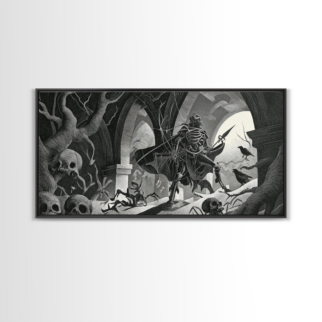 The Spider Knight, Macabre Folk Print Art, Wide Panoramic Art, Gothic Horror Wall Art, Framed Canvas Print, Halloween Wall Art